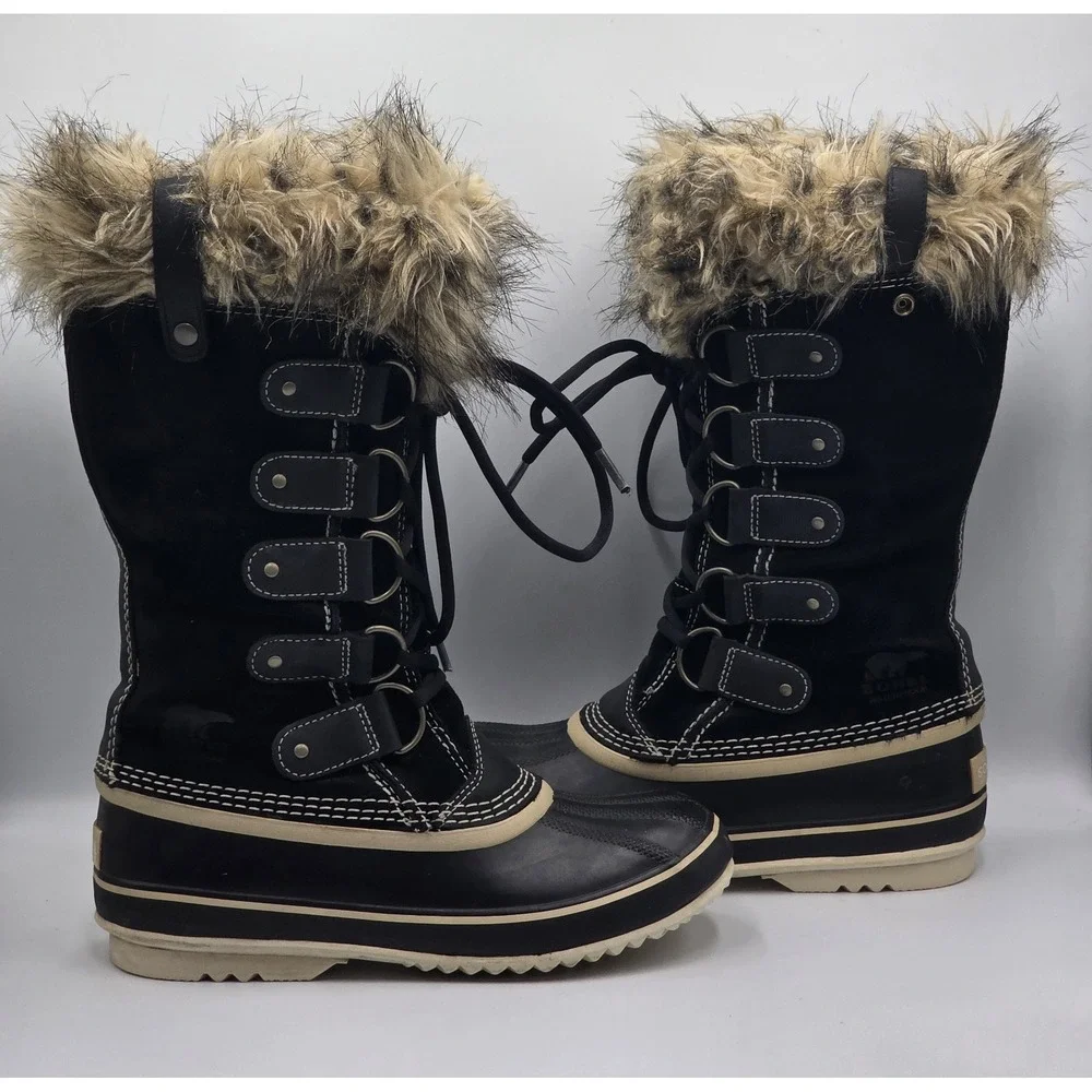 SOREL Joan of Arctic Boots‎ Womens 8 Black Waterproof Fur Winter Snow NL1540